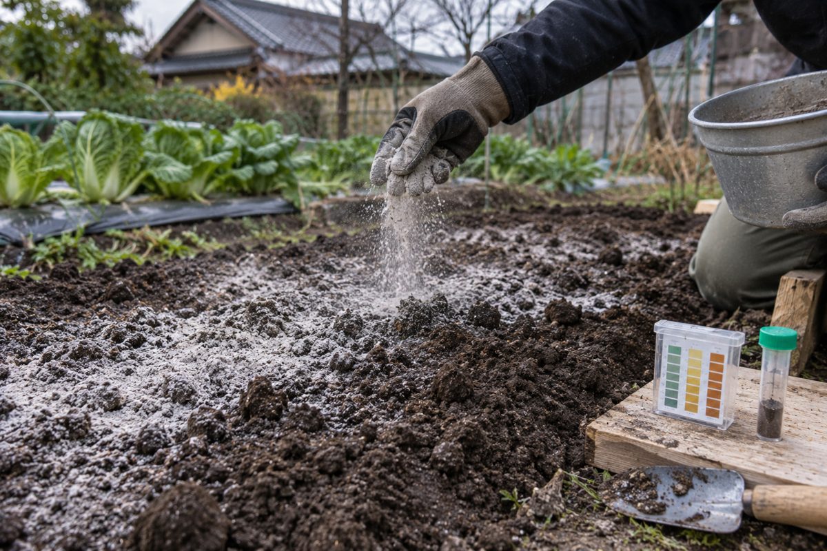 植え付け前の畑の土に灰を薄くまく手元