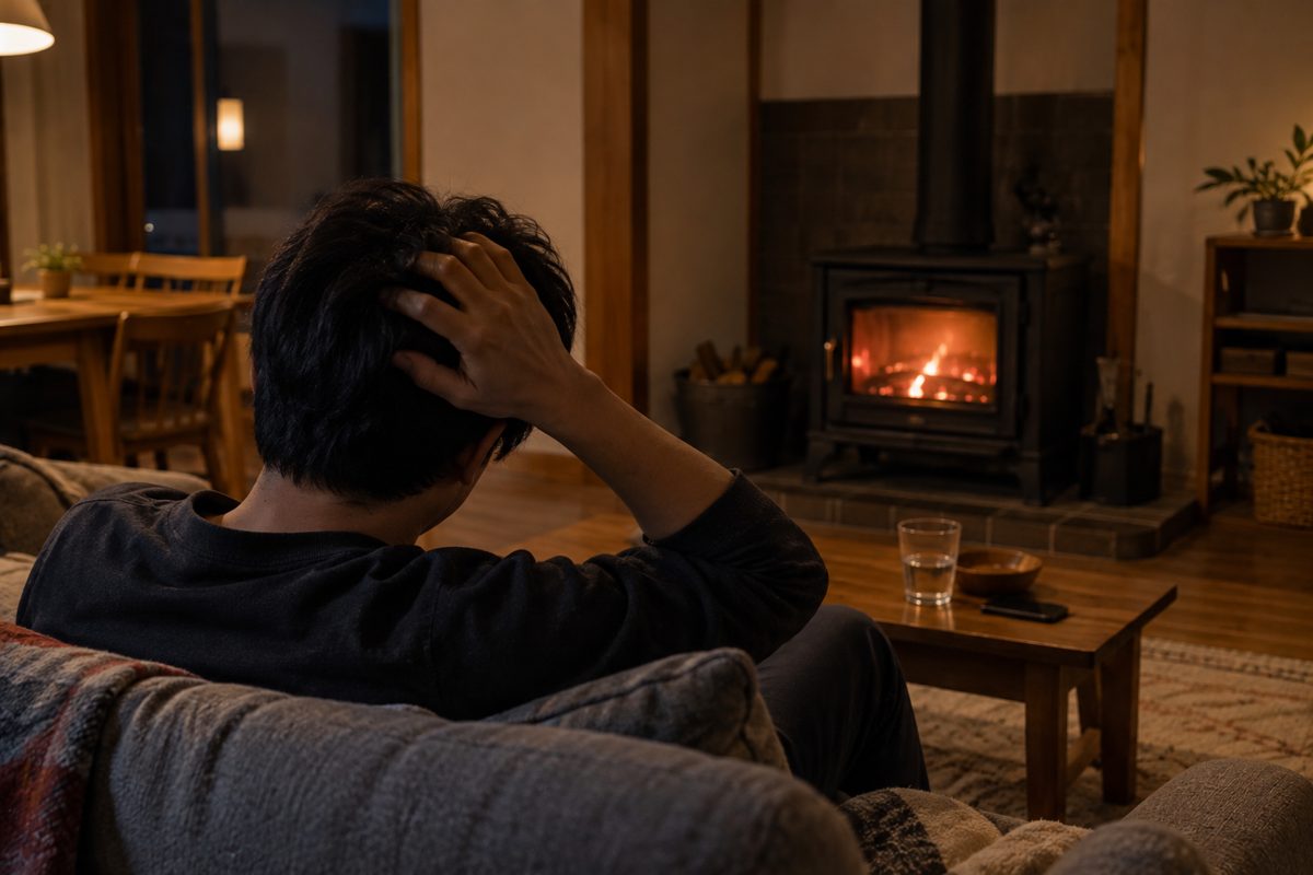 ストーブのある部屋で頭を抱える後ろ姿