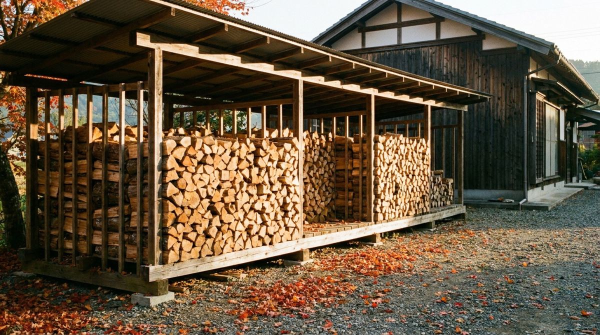 家の横に設けた屋根付きの薪棚に、割った広葉樹の薪が高さ1.2mほどに積まれている