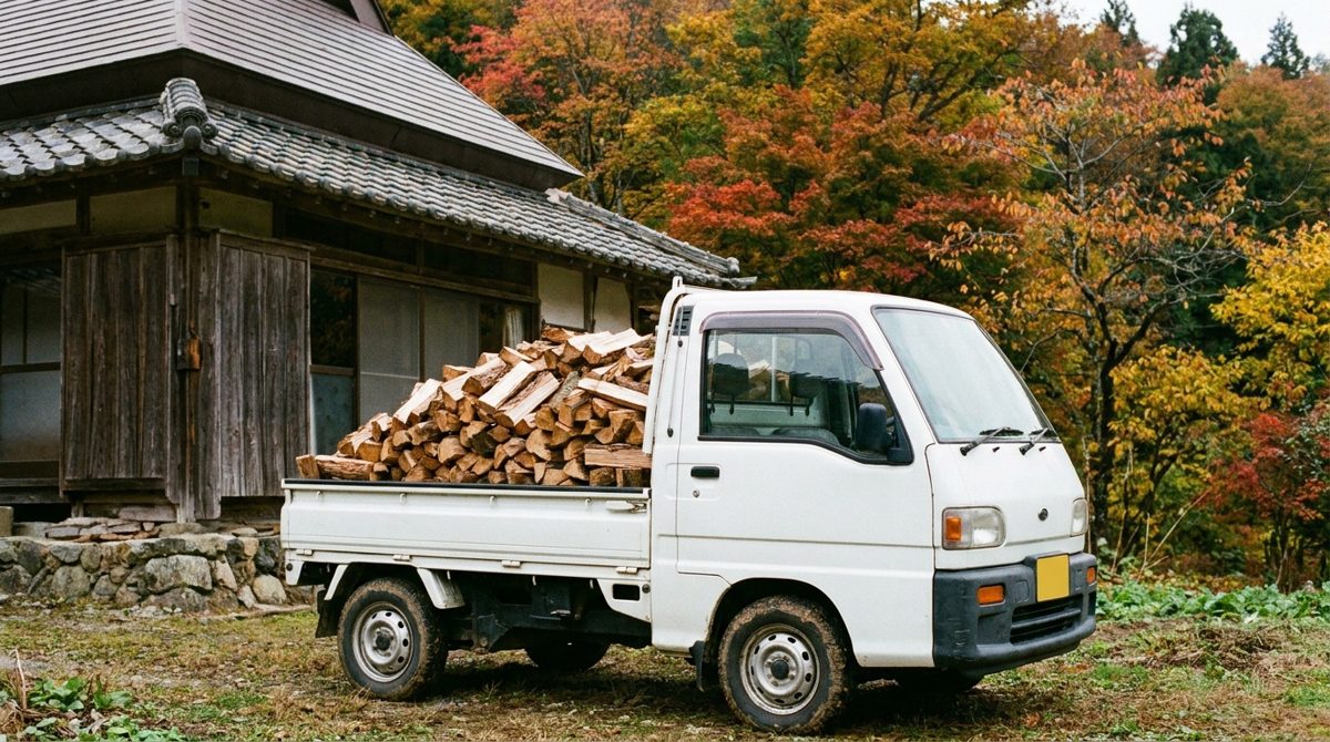 割った薪を荷台に積んだ軽トラック