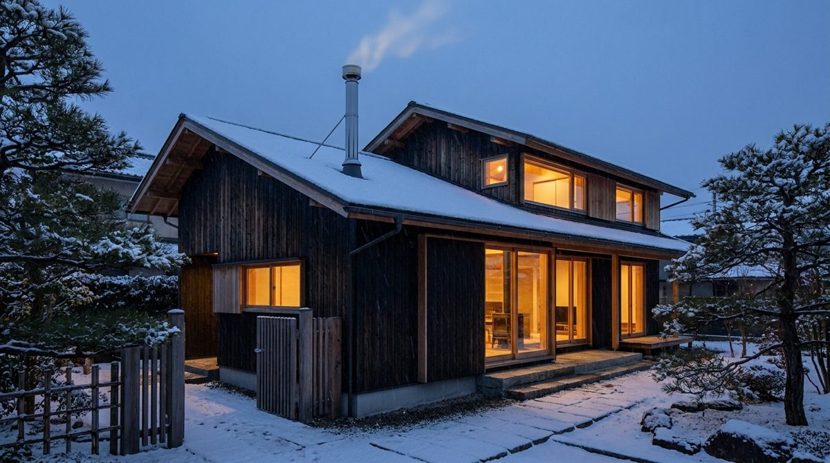 雪の夕暮れに煙突のある木造住宅