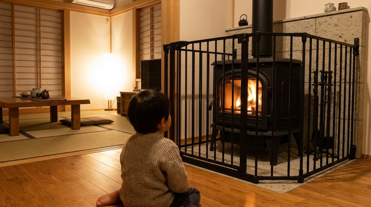 ハースゲートの外から薪ストーブの炎を眺める子どもの後ろ姿