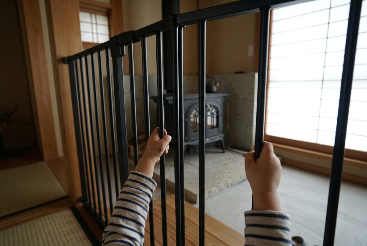 ストーブガードの縦格子をつかむ幼児の手