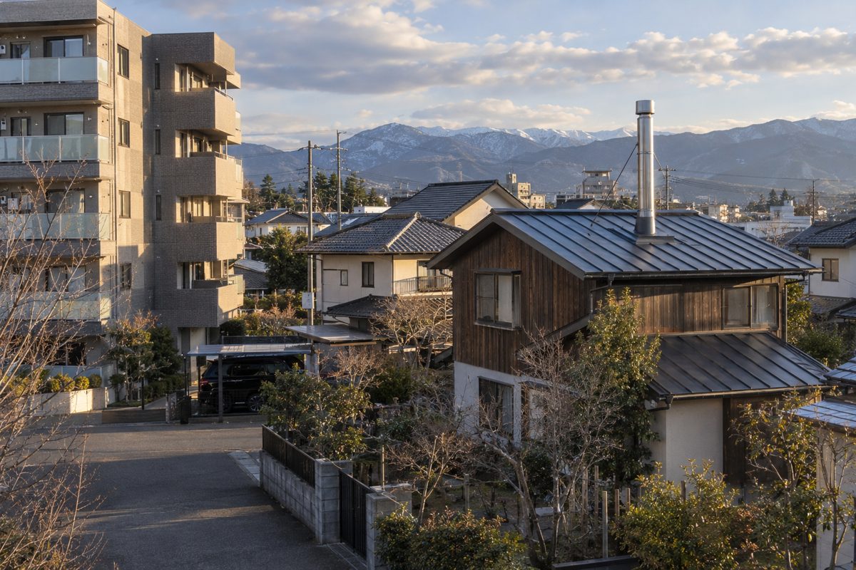 マンションと煙突のある一戸建てが並ぶ住宅地