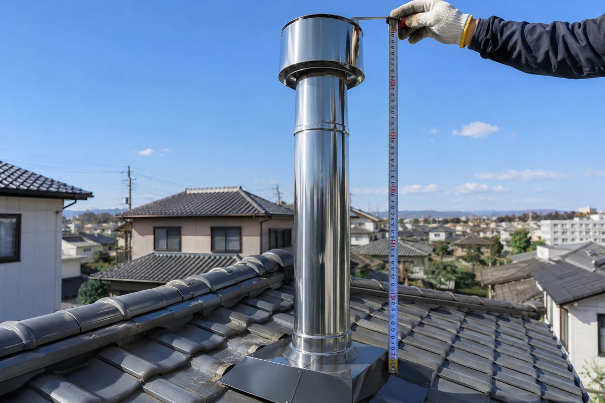 屋根面からの煙突の高さを測る様子