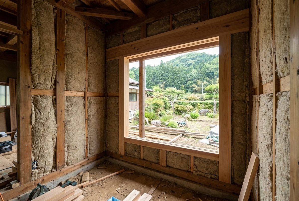 建築中の木造住宅の壁に厚い断熱材が入っている様子