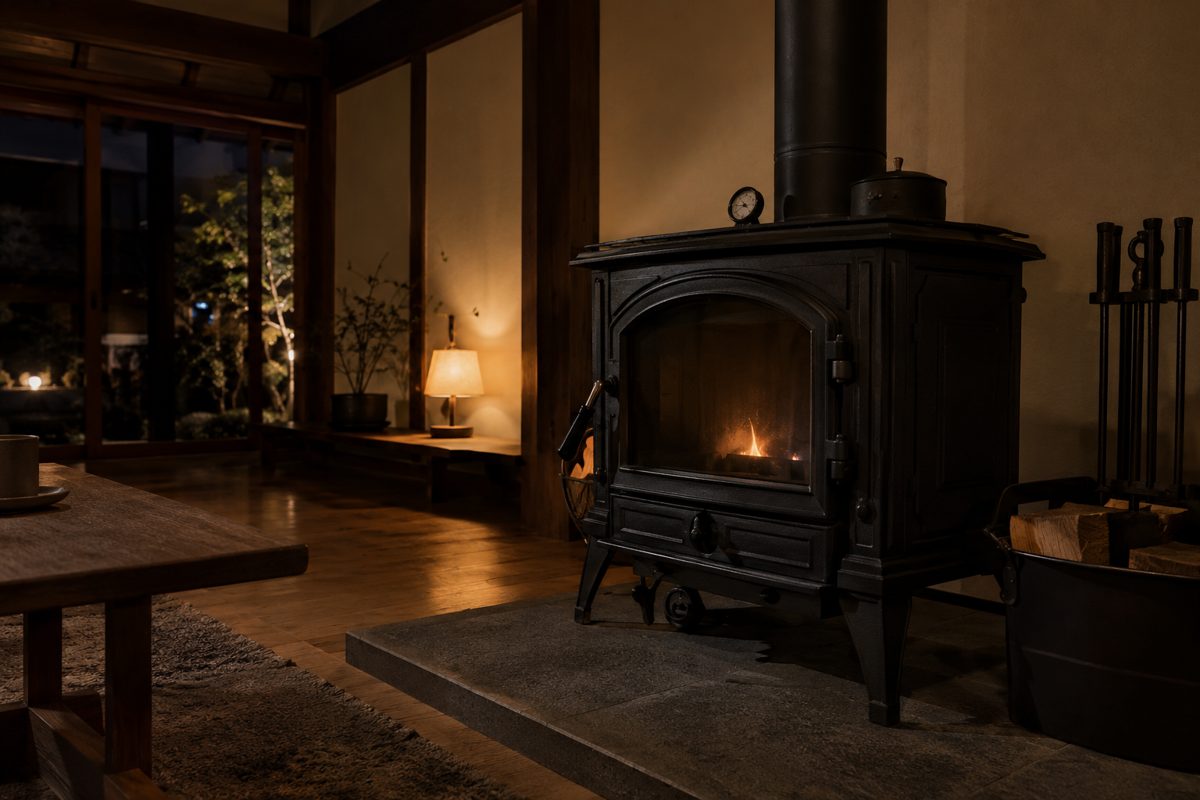 夜、低い炎で静かに燃え続ける大型の薪ストーブ