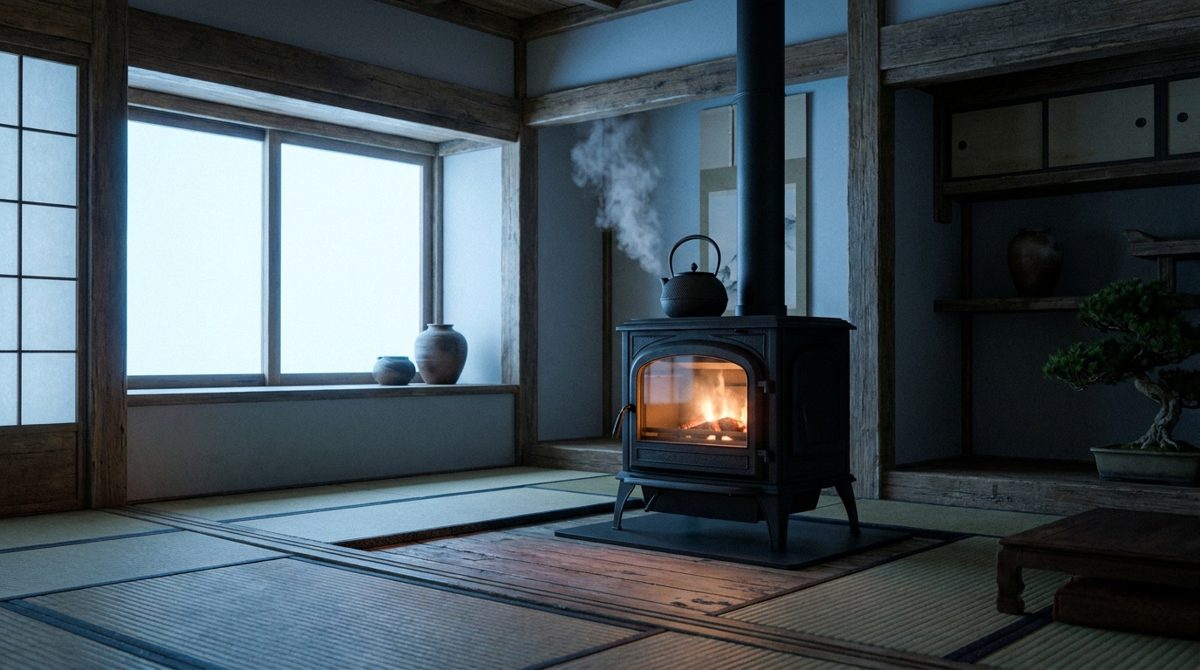 夜明けの居間で、ガラス扉の奥に熾火が赤く残る薪ストーブ