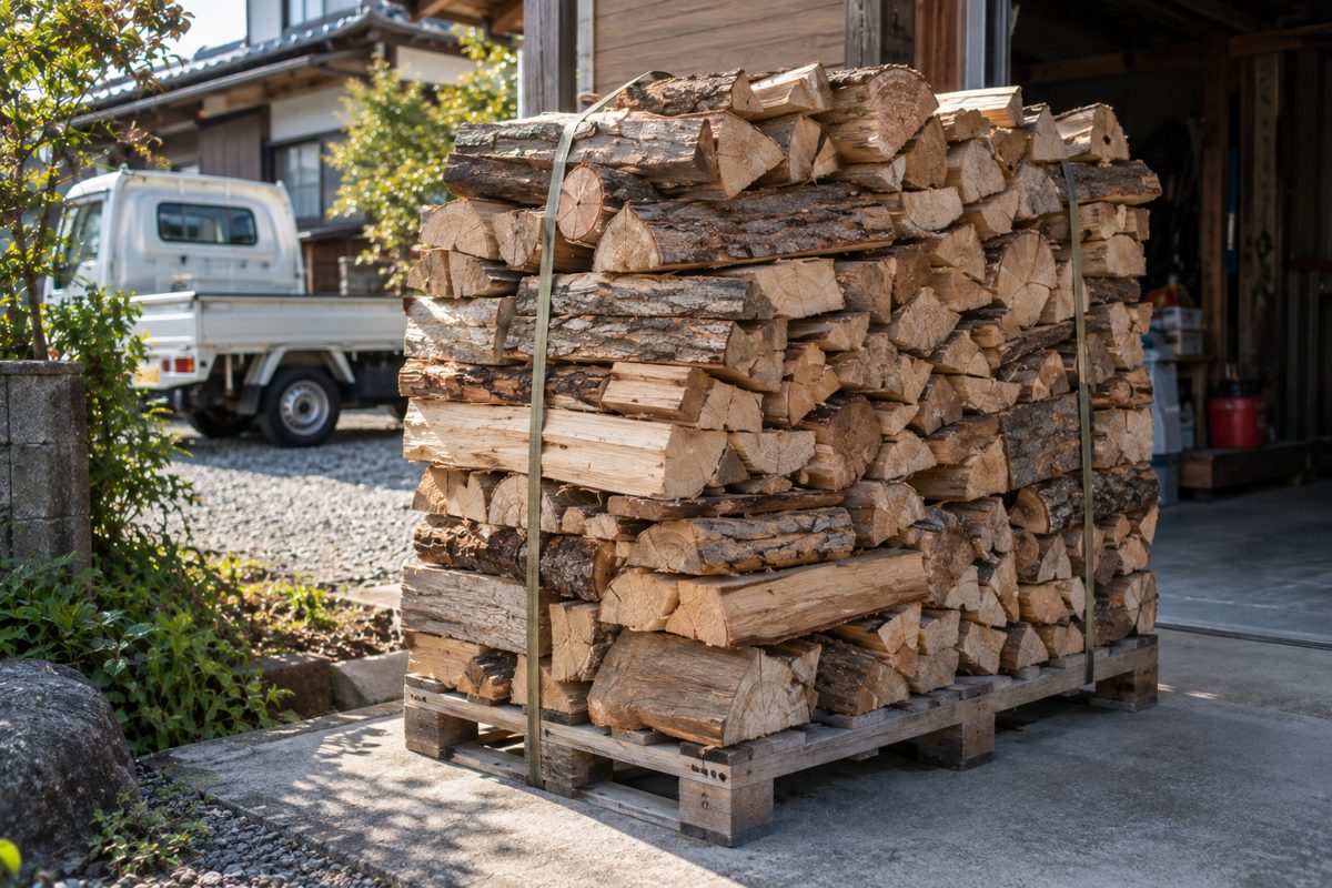 家の前に届いた、パレット積みの広葉樹の薪
