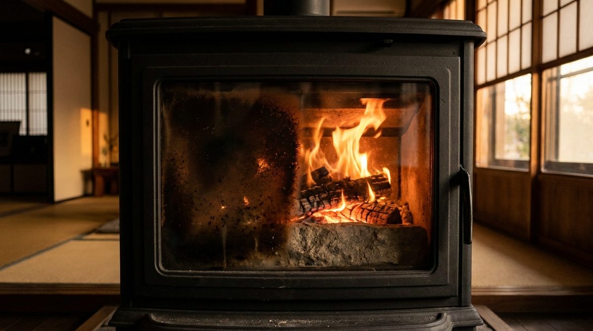 左半分が煤で汚れ、右半分を拭き取った薪ストーブのガラス