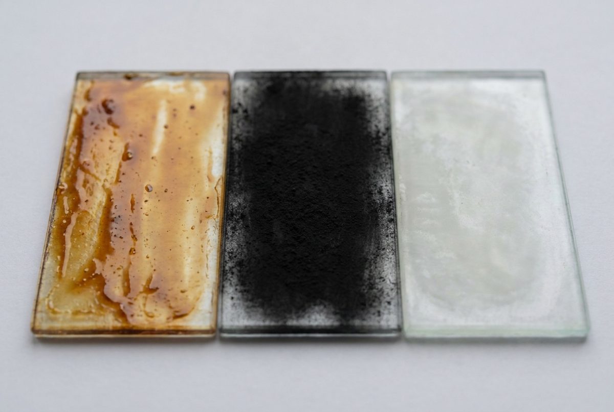茶色のタール、黒い煤、白い灰の膜が付いたガラスの比較
