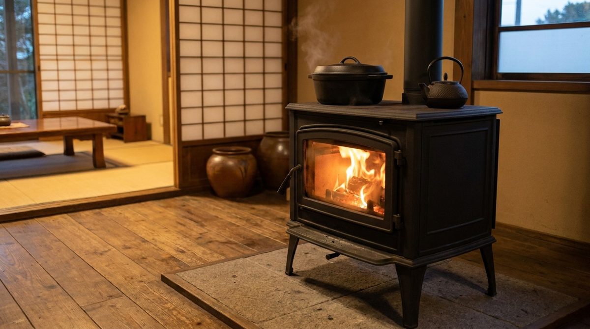 天板で煮込み鍋とやかんを温める薪ストーブ