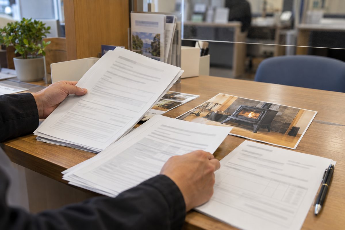 補助金の申請書類をそろえる手元
