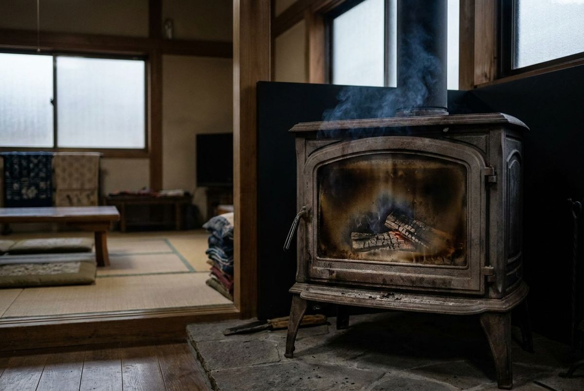 煤で真っ黒になったガラス扉
