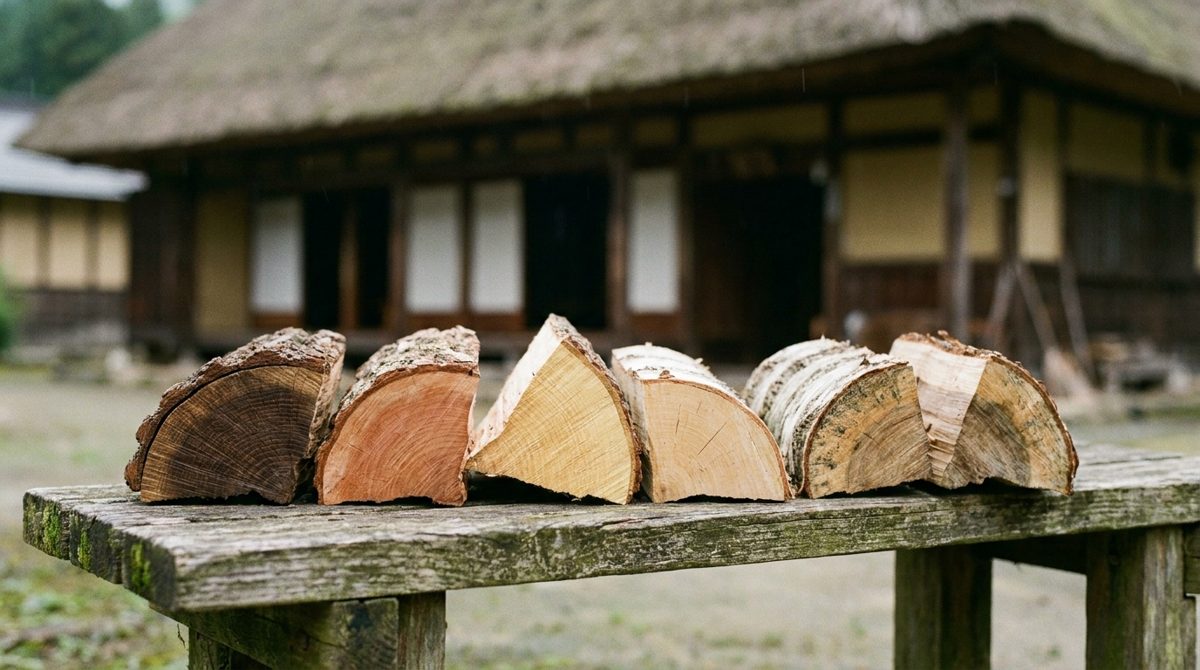 色や木目の違う数種類の薪を並べた様子