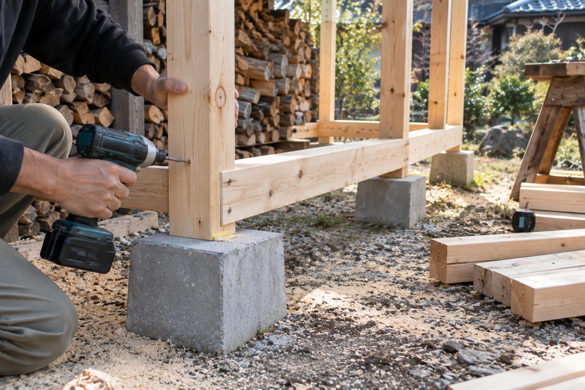 2×4材の床枠をインパクトドライバーで組み立てる手元
