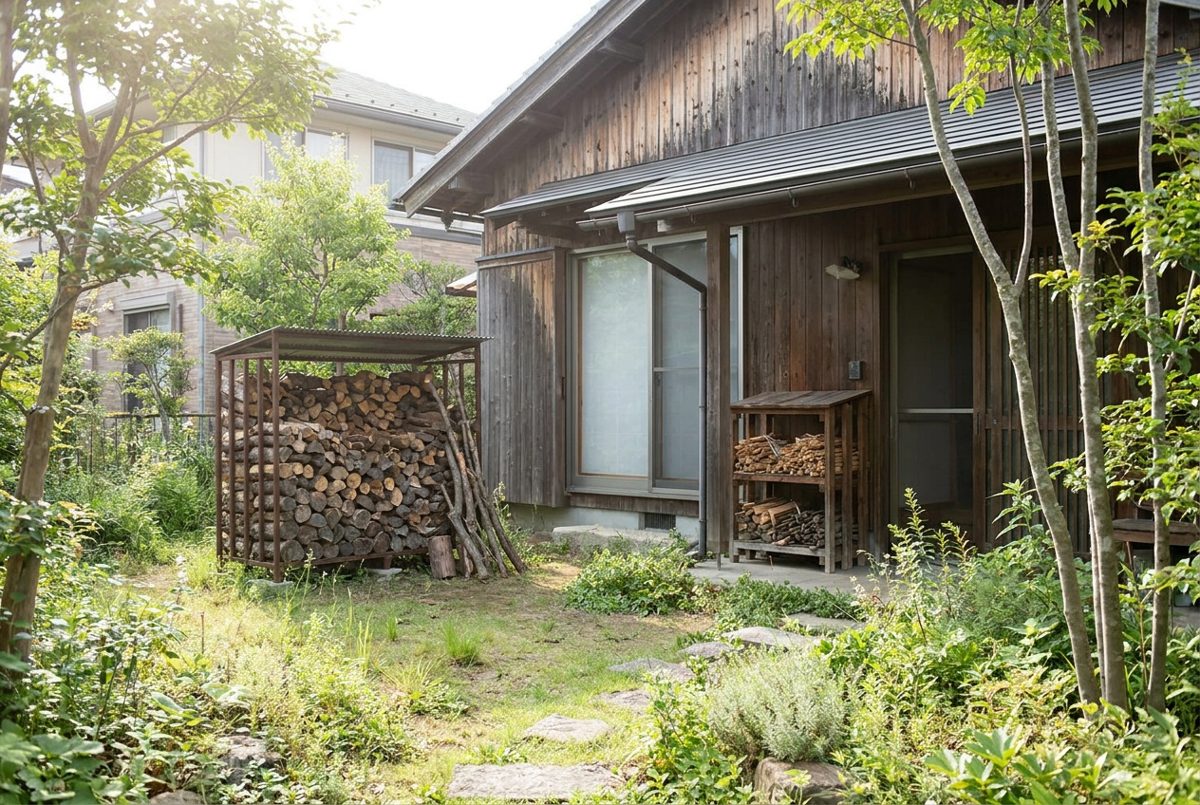 家から離して置いた乾燥用の薪棚と、勝手口近くの手元用の棚