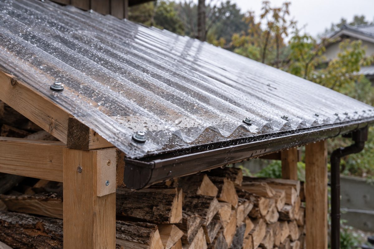 薪棚のポリカ波板屋根と雨どい