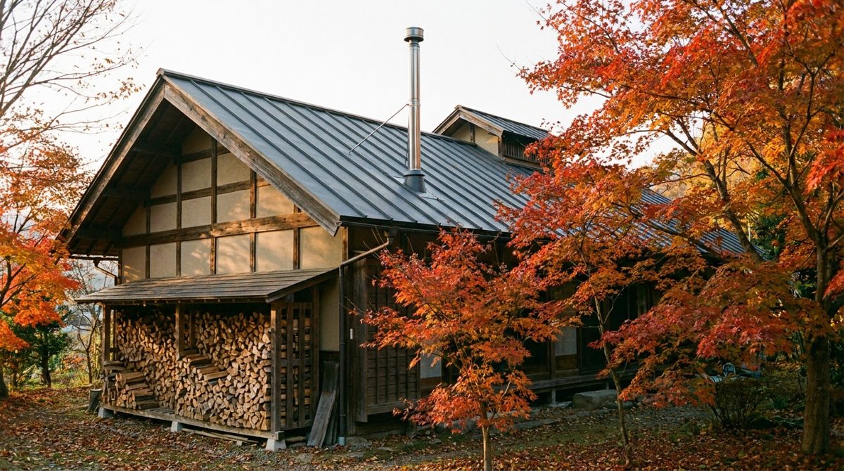 紅葉の季節、屋根に煙突のある家の横に薪棚が並ぶ